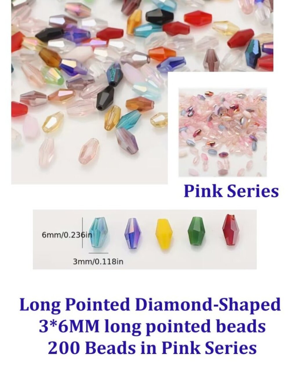 Long Pointed Diamond-Shaped  3*6MM long pointed beads 200 Beads in Pink Series